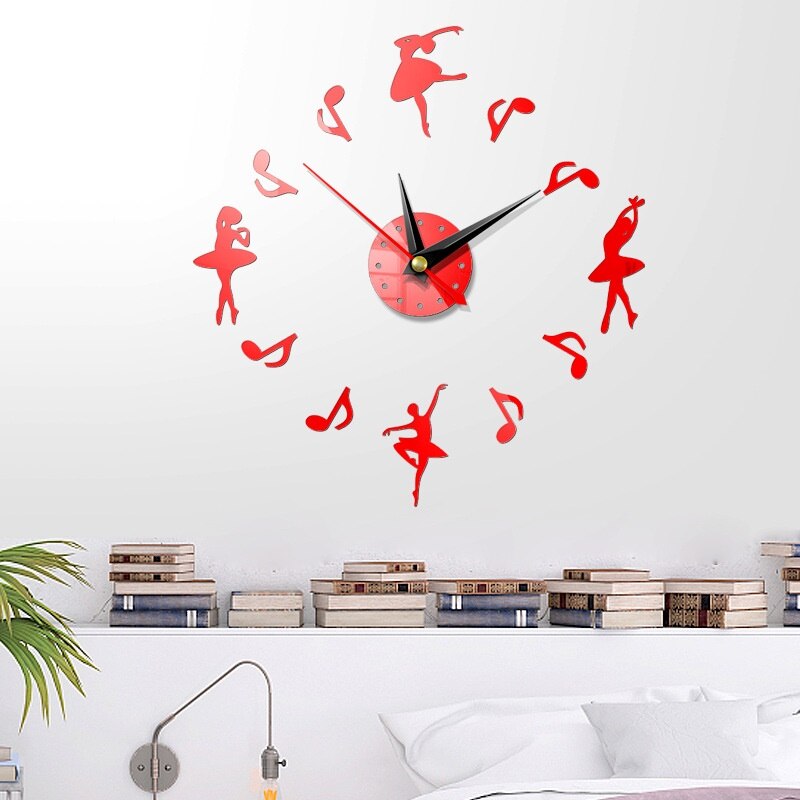 Reloj de pared grande DIY 3D, moderno, decoración para sala de estar, relojes, pegatinas de espejo acrílico, reloj de pared silencioso, estilo de música y baile