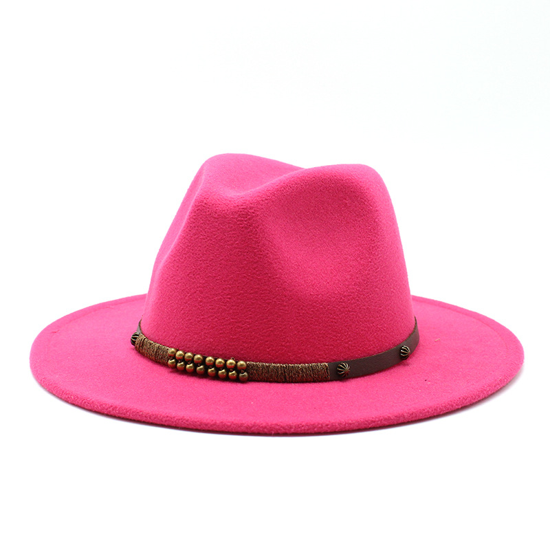 Women Men Wool Vintage Gangster Trilby Felt Fedora Hat Wide Brim Leopard Belt Gentleman Lady Winter Autumn Jazz Cap: rose Pink