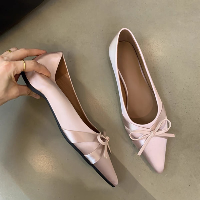 Ballerina Satijn Platte damesschoenen Comfort Antislip Puntschoen Dames Loafers Flats Elegante strik Enkele damesschoenen: Roze / 37