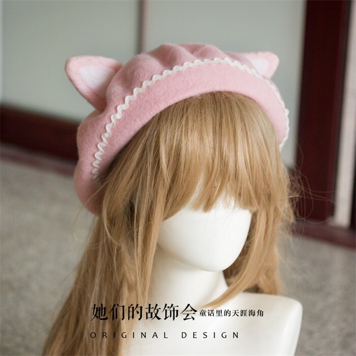 Mori Girl-boinas planas con orejas de gato para mujer, gorro de pintor de lana, Vintage, cálido, para Otoño e Invierno: 07