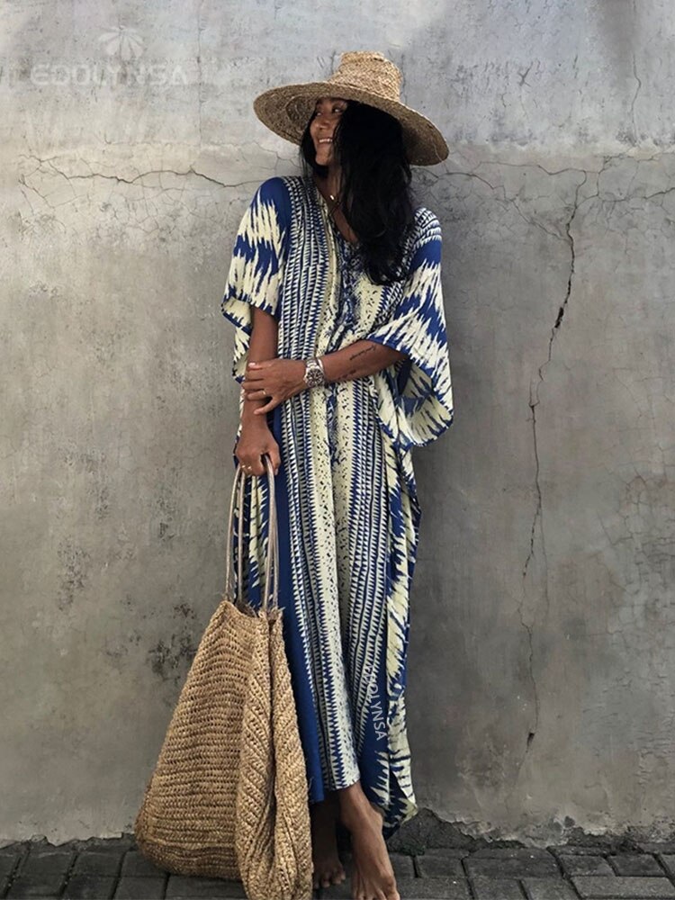 2022 Bikini Cover-ups Retro Snake Printed Self Belted Women Summer Dress Tunic Plus Size Beach Wear Swim Suit Cover Up Q1227: Blue