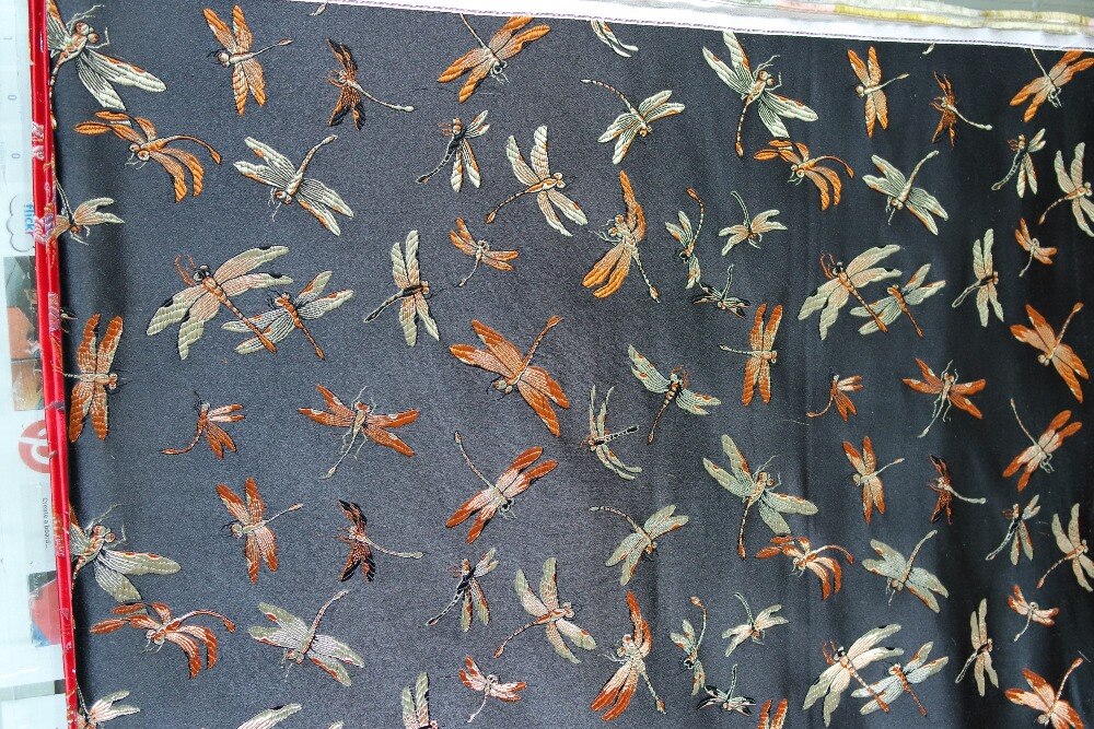 chinese traditional silk brocade fabric black back with yellow and light gold colorful dragon fly dragonfly pattern