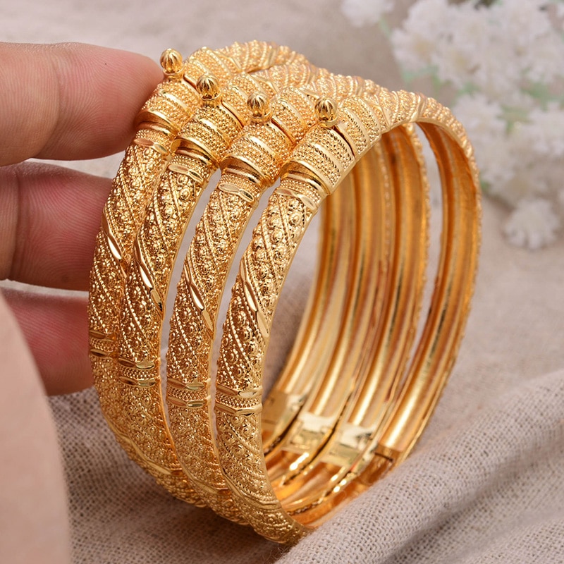 Kan Open 4 Stks/partij Dubai Gouden Kleur Armbanden Voor Vrouwen Mannen Gouden Armbanden Afrikaanse Europese Ethiopië Meisjes Bruid Bangles