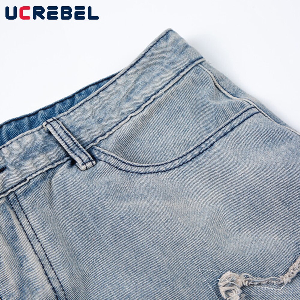 Star Patch Embroidery Denim Pants Mens High Street Flared Pants Streetwear Distressed Loose Casual Jeans Trousers Men