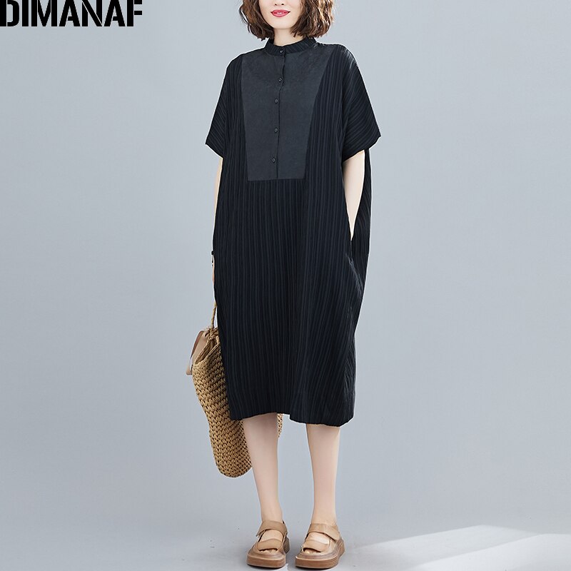 Dimanaf sommer plus størrelse kvinder kjole sundress stribet splejset kvindelig kontor dame vestidos løs afslappet skjortekjole sort