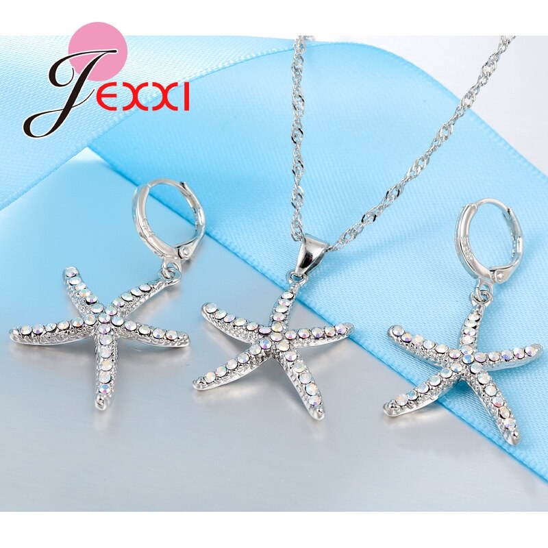 Woman Jewelry Sets Sweet Starfish Necklace &amp; Earrings With Pendant 925 Sterling Silver CZ Jewelry