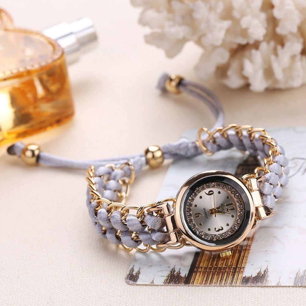 Women Knitting Rope Chain Winding Analog Quartz Movement Wrist Watch Compact Round Woven Wrist Clock Zegarek Damski: Gray