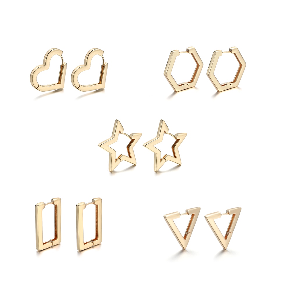 Minimalist Star Rectangle Triangle Geometric Hoop Earrings for Women Gold Color Copper Love Heart Hexagon Earrings Female