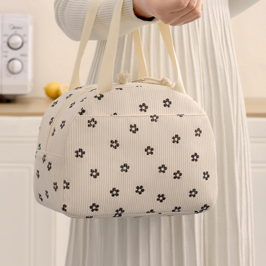 Portable Corduroy Lunch Bags Thermal Insulation Lunch Box Cute Print Women Lunch Storage Bag Picnic Bento Large Capacity Handbag