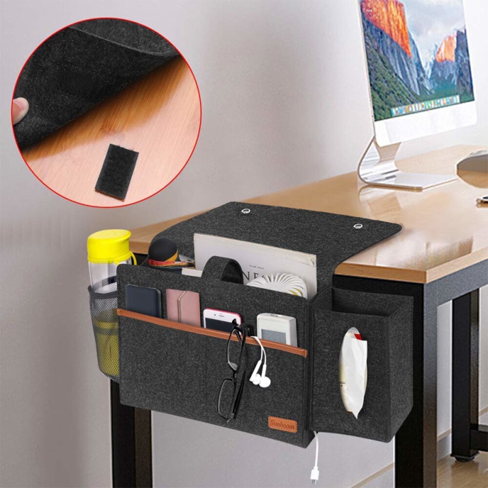 Felt Hanging Storage Bag with Tissue Box and Water Bottle Holder, Bedroom Sofa Organizer Bag for Books Pad Phone Chargers