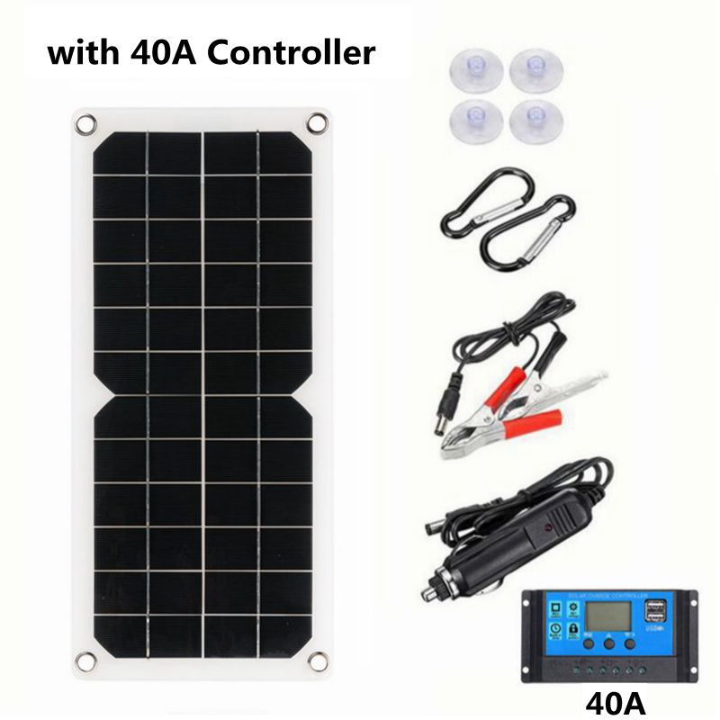 30W Portable Solar Panel Kit 12V /5V USB Power Polycrystalline Solar Cells Phone Charger Outdoor Cycle Camping Hiking for Travel: with 40A controller