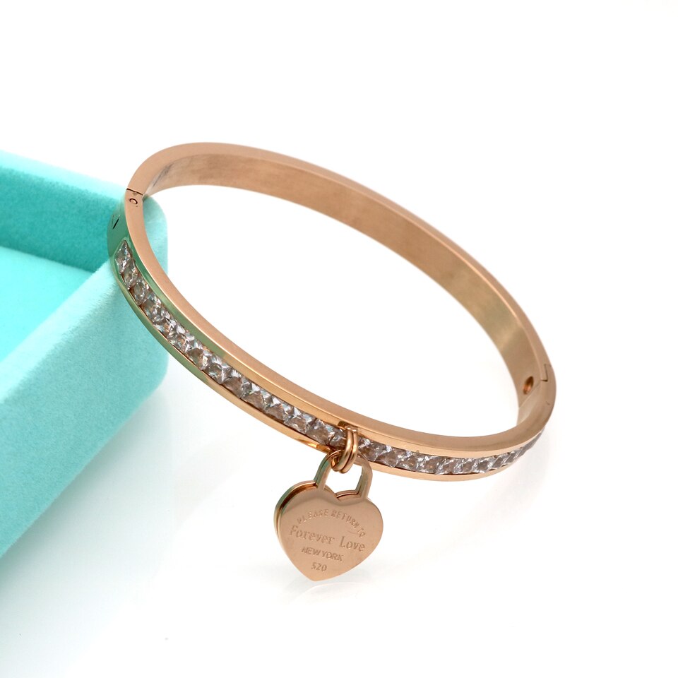 Gorący klasyczny ze stali nierdzewnej złoty kolor bransoletki i Bangles hurtownia biżuterii grzywny podwójne brzoskwiniowe serce bransoletki miłości kobiet: Crystal Heart Rose