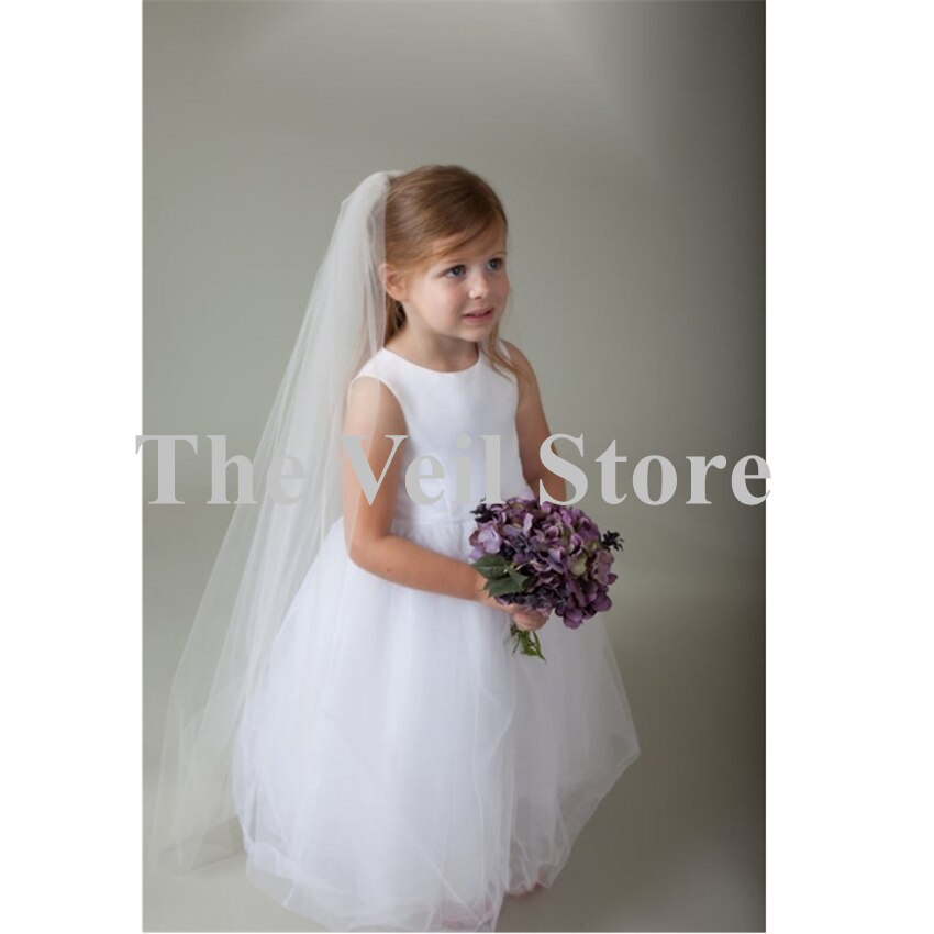 Velos largos de la Primera Comunión de las muchachas de la flor de la boda de 1,2 m con el peine una capa de tul niños velos de velo de Novia
