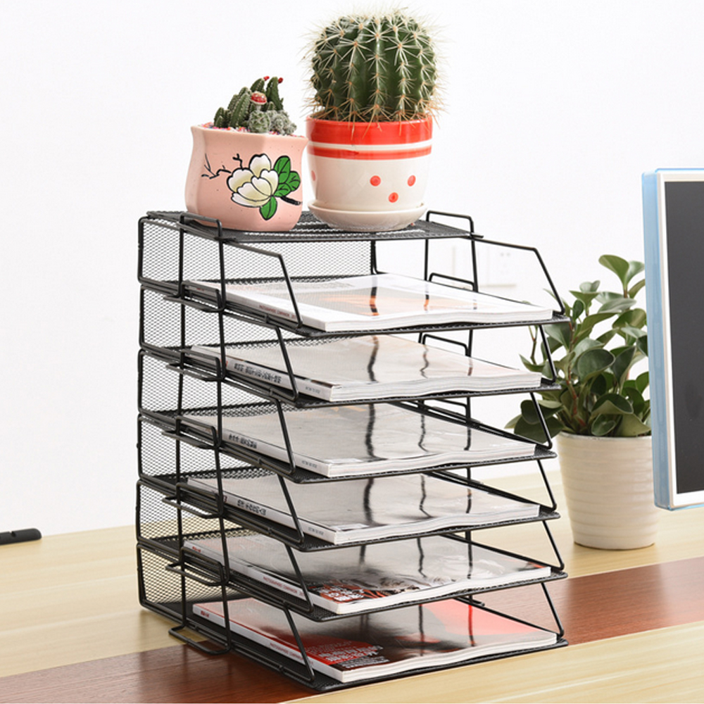 Stackable Iron Mesh A4 Paper Organizer Document File Storage Basket Holder Desktop Office Books Newspapers Magazine Storage Tray