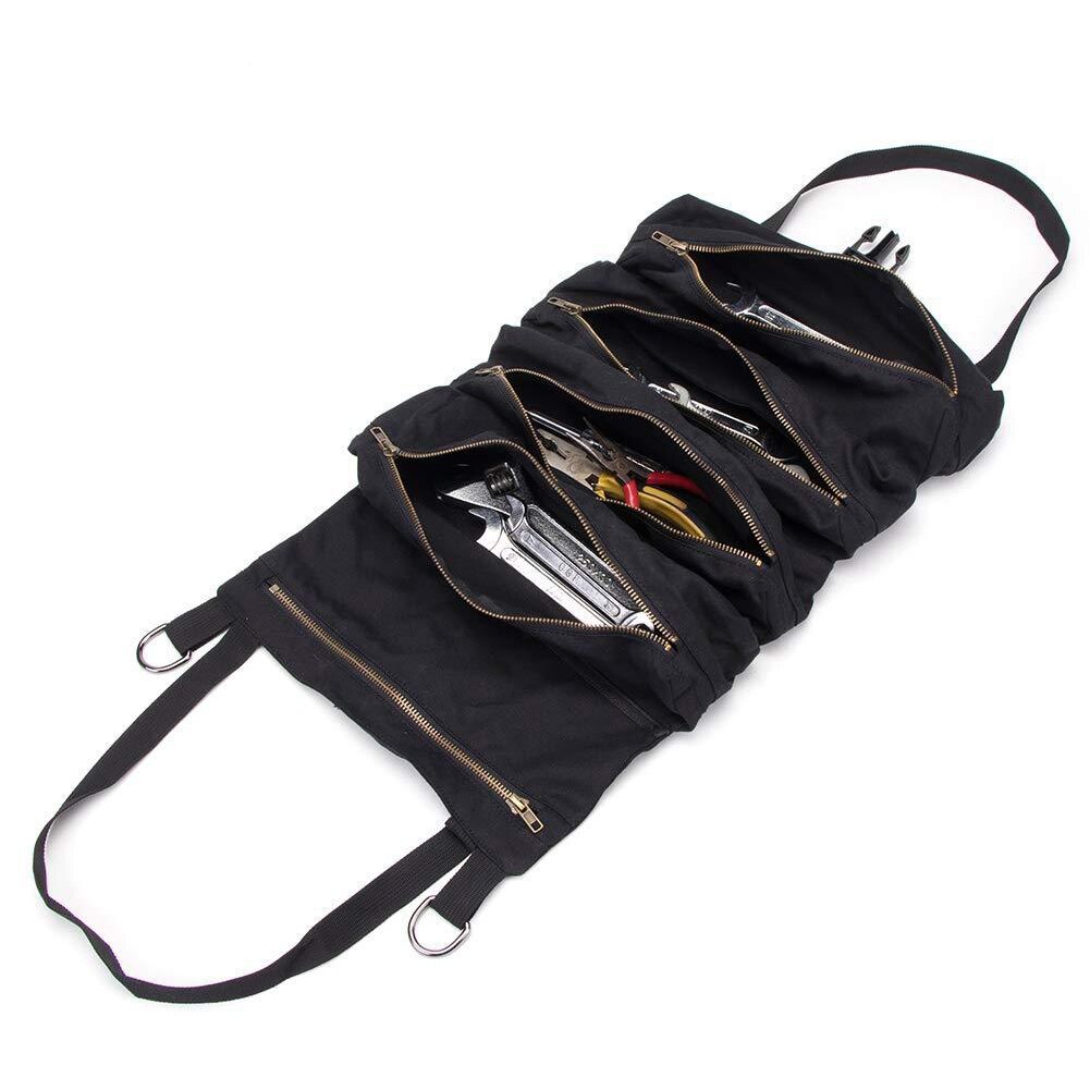 Multifunktionelt lærred hængende bilværktøj opbevaringspose værktøj roll up taske voksbehandlet lærred opbevaringspose værktøj tote bærer holder: Sort