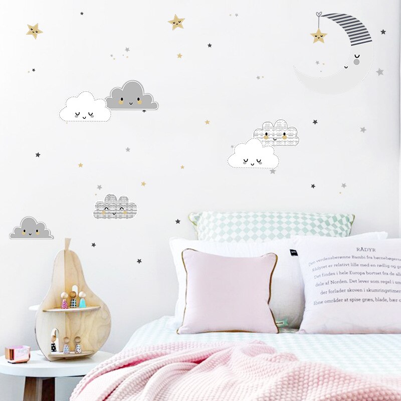 Cartoon Clouds Moon Wall Sticker Cute Pattern Kids Baby Room Home Decoration Bedroom Background Wallpaper Combination Stickers
