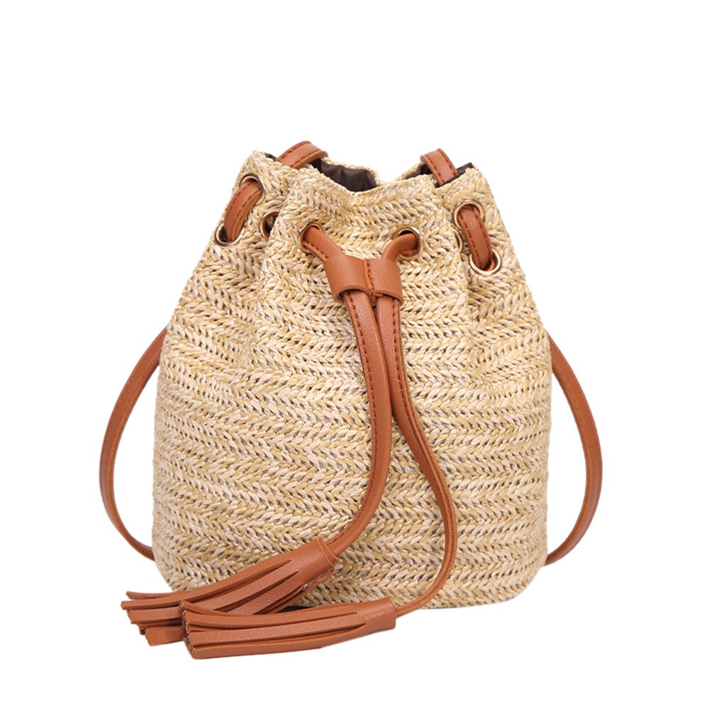 Frauen Taschen Stroh Strand Frauen Taschen fest Farbe Hohe Kapazität Weben Quasten Schulter Eimer Strand Taschen Für Frauen: braun