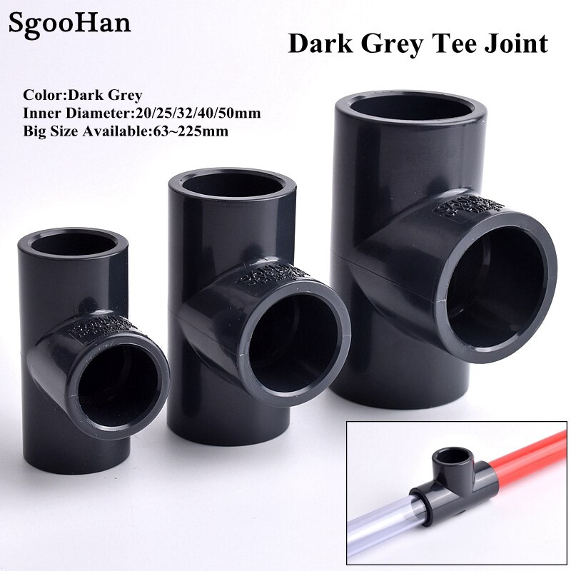 I.D 20~63mm Dark Grey UPVC Pipe Equal Tee Connector Irrigation System Hydroponic Planting Frame Plastic 3-Way Tee Socket Joint