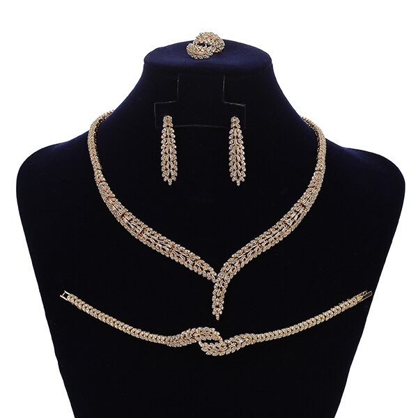 Sieraden Sets Hadiyana Elegante Trendy Birdal Ketting Oorbellen Ring En Armband Set Vrouwen Hoge Qualtity CN1805 Conjunto De Joyas: gold