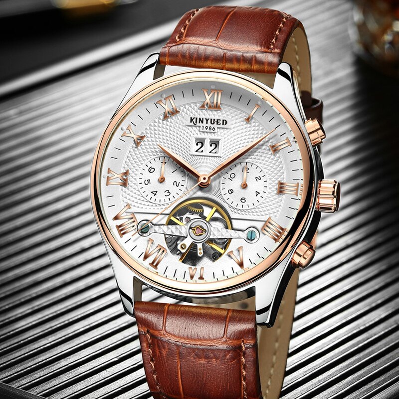 KINYUED Skeleton Tourbillon Mechanische Horloge Mannen Automatische Classic Rose Gold Leather Mechanische Horloges Reloj Hombre