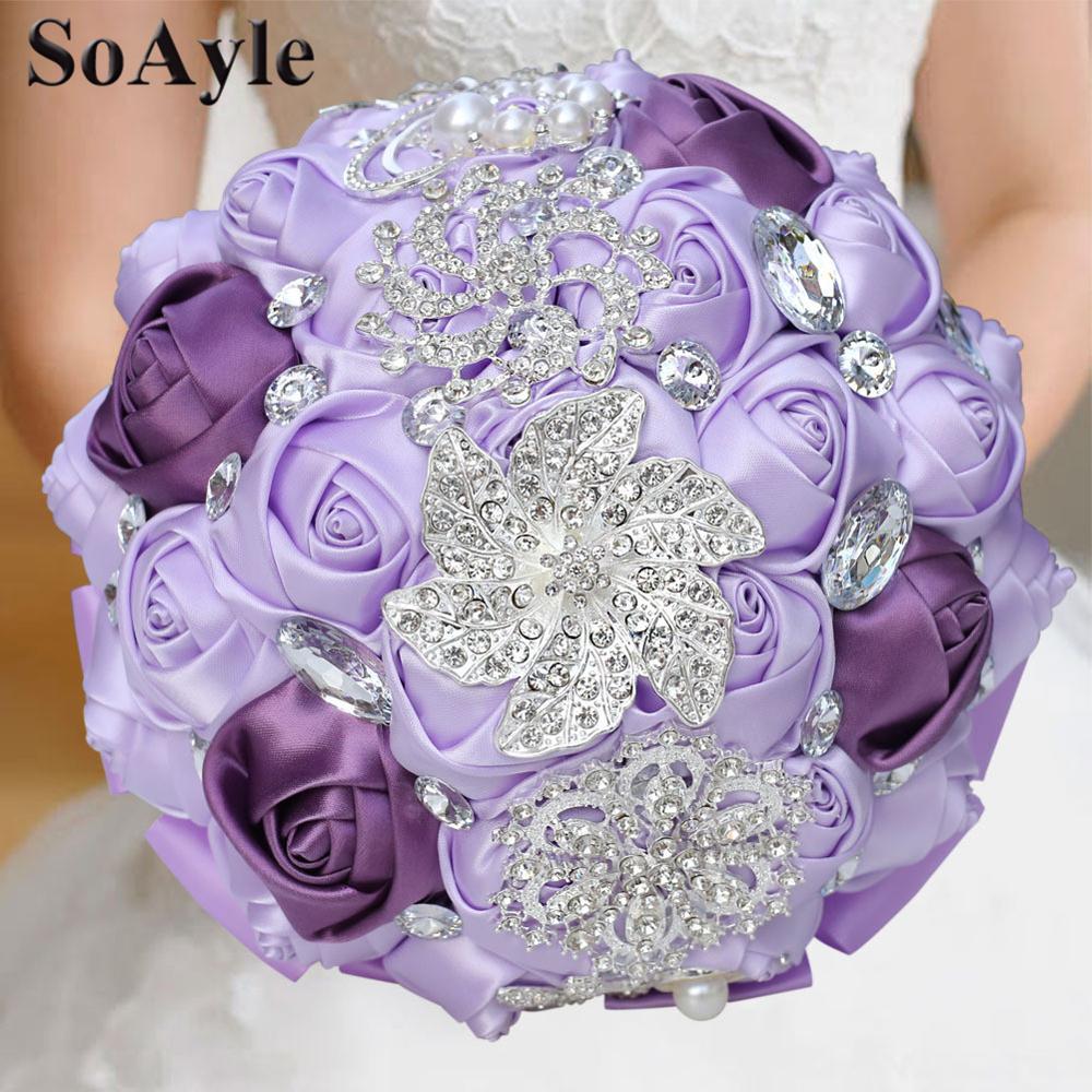 Soayle håndlaget 18cm kunstige roseblomster syrin rhinestone brud brudepike buequet diamantbrosje bryllupsbukett  w229