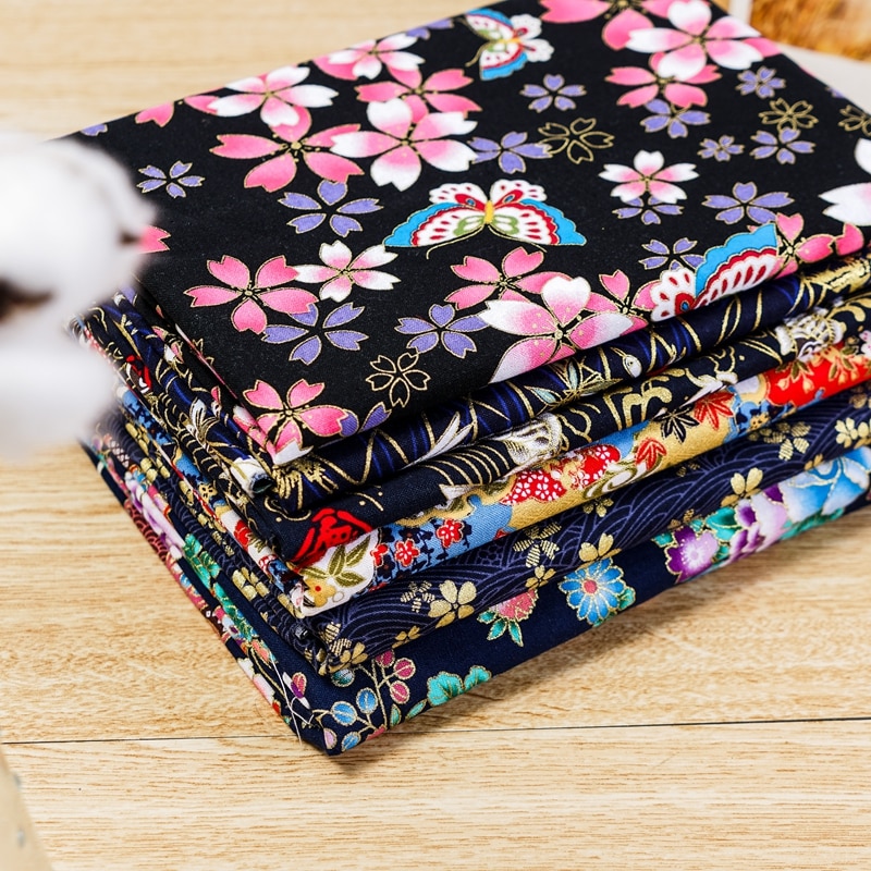 Tissu en coton bleu foncé imprimé Bronze tissu à motif de fleurs de Style japonais pour Kimono Cheongsam et bricolage sac TJ8692-2