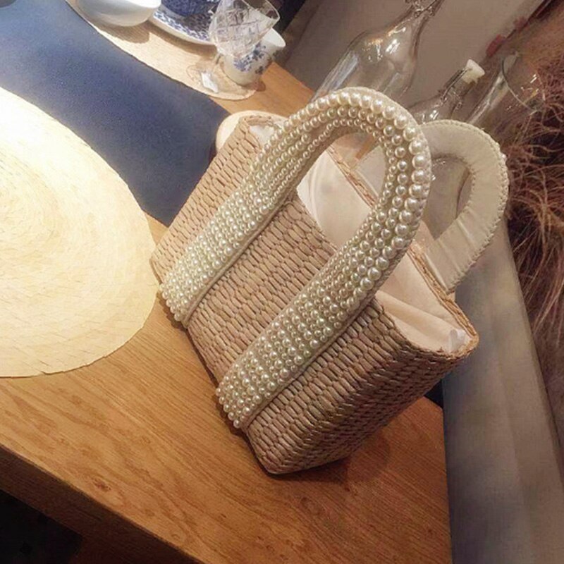 Damväska med pärla dam tote crossbody handväskor handgjord halmkorg budbärare väska för semester bankett liv