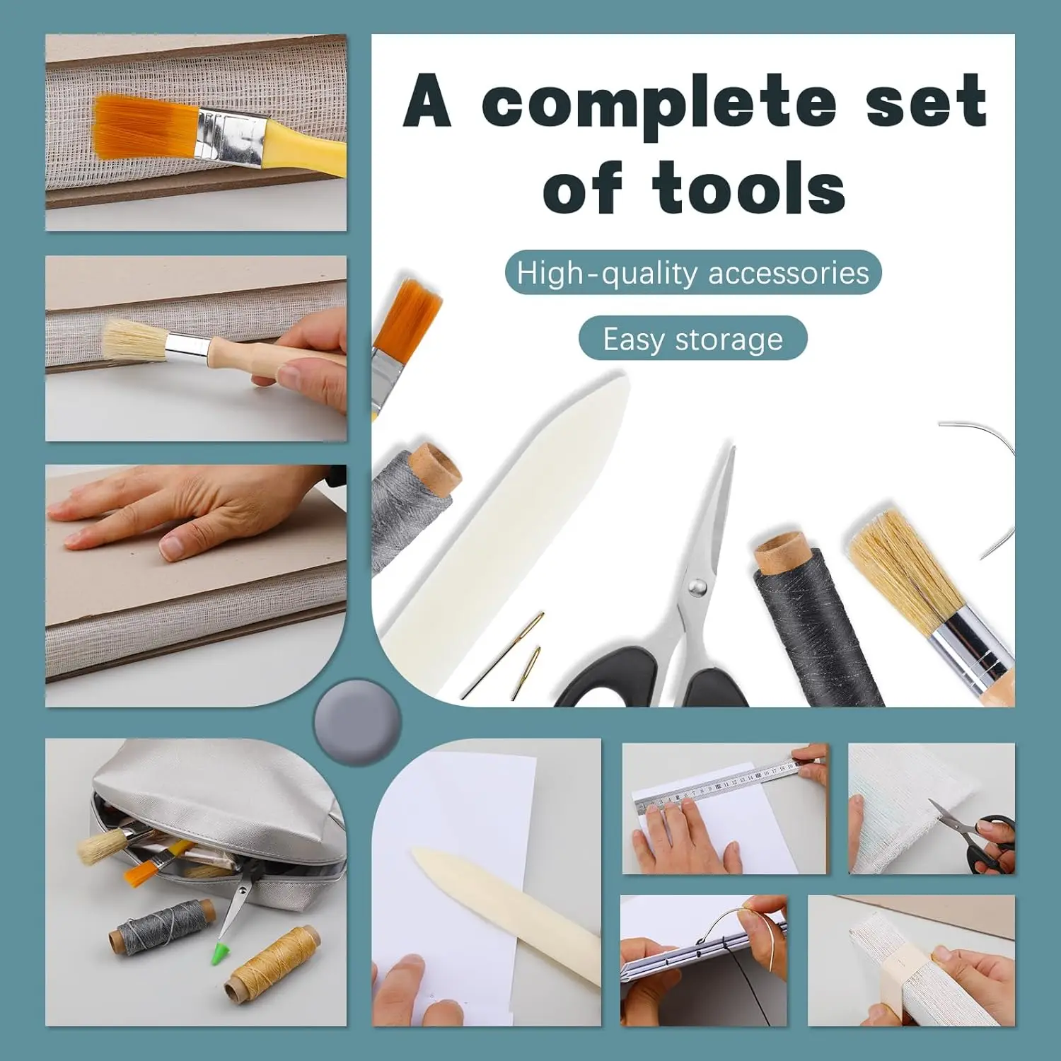 KAOBUY Book Binding Kits Book Press Bookbinding Materials Repair Kit with Cloth Bone Folder Awl Needles Wax Thread for Binding