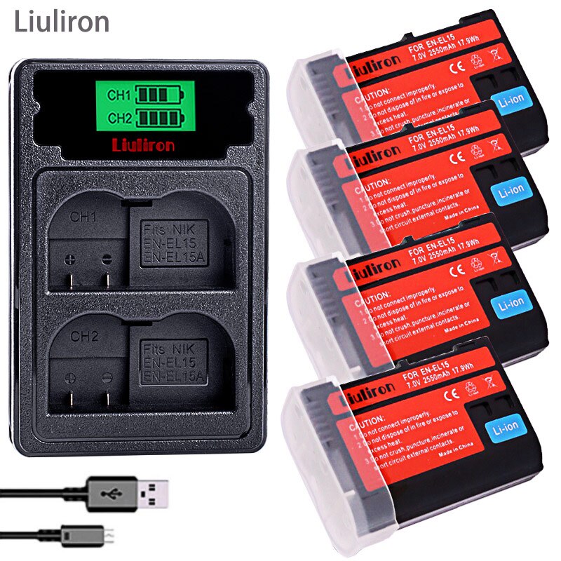 Batterie pour Nikon D500,D600,D610,D750,D7000,D7100,D7200,D800,D800E,D810,D810A v1, 2X EN EL15 EN-EL15 EN EL 15 EN EL15A: charger and 4battery
