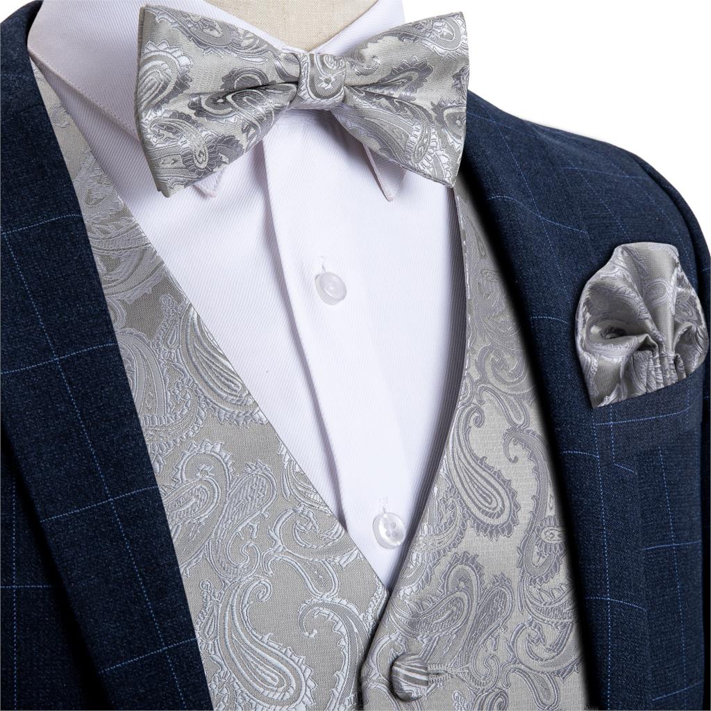 Prata paisley seda terno colete conjunto gravata borboleta casamento formal smoking colete sem mangas jaqueta colete bolso quadrado dibangu