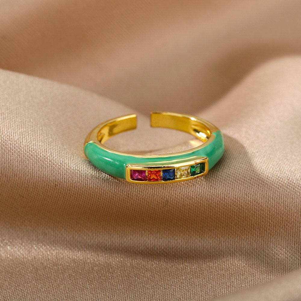 Rainbow Enamel Druipend Olie Zirkoon Ring Voor Vrouwen Rvs Goud Verstelbare Snoep Ringen Partij Sieraden Bijoux Femme: JZ2630G-7