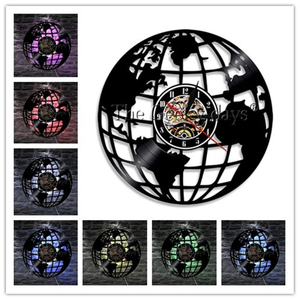 3D Globe Kaart Van Aarde Wandklok Kaart Klokken Maken Van Vinyl Record Wandklok Wolrd Kaart Decoratieve Muur Horloges decor Voor Kamer: White / 12 Inch With LED