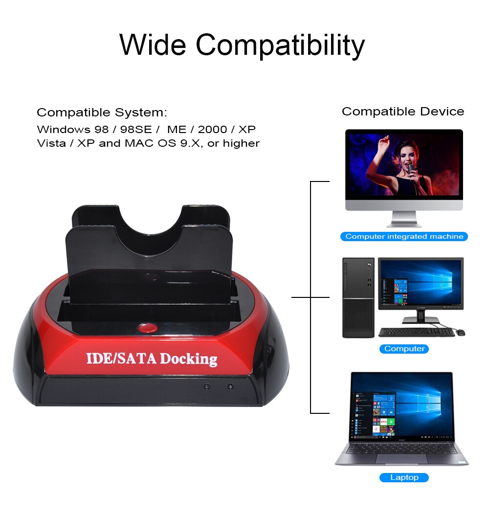 Caja de disco duro HDD IDE de 3,5 pulgadas, carcasa de disco duro de 2TB para ordenador portátil, USB 2,0/Tipo C a 2 SATA de 2,5 ''y 3,5''