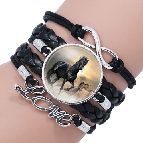 Exweup Vintage Horse Pattern Black Leather Bracelets Bangles Love letter Crystal Gem stone Bracelets Women Bangle Wristbands: F11170MI04