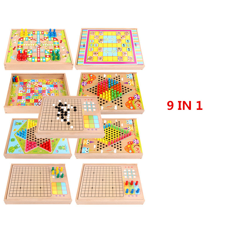 Træ legetøj 3d puslespil alt i en flyvende skak, multifunktion skak træ skak: 9 in 1