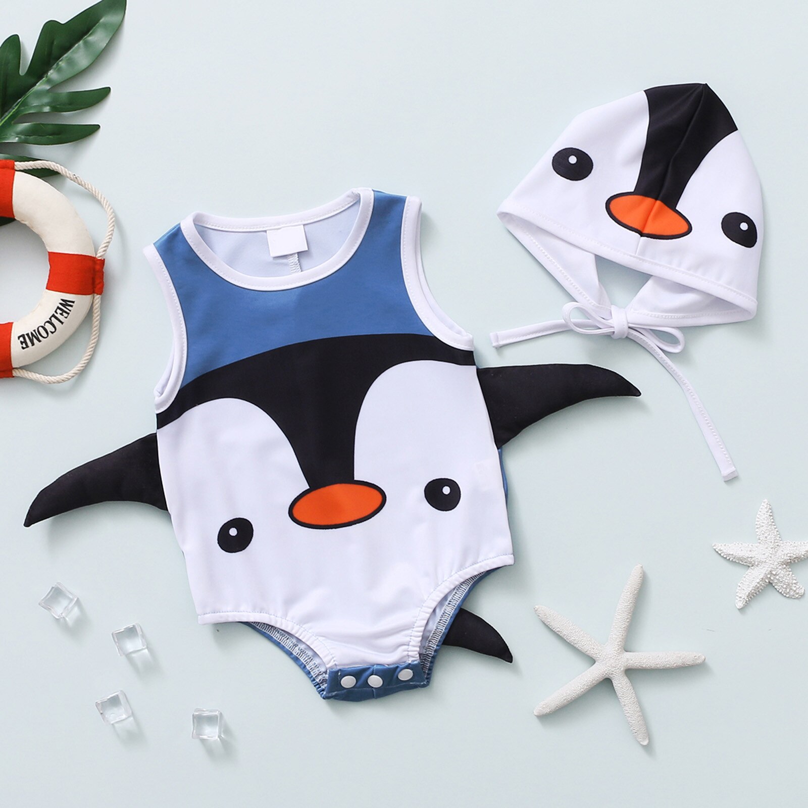 Summer Swimsuit Toddler Baby Boys Girls Clothes One Piece Cartoon Penguin Printed Swimsuit Swimwear Hat Children's Clothing