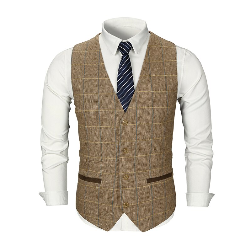 FFXZSJ Men Woolen Suit Vest Single Breasted Plaid Wedding Groom Slim Fit Vest Waistcoat Business Formal Vest for Men: Dark Brown / s