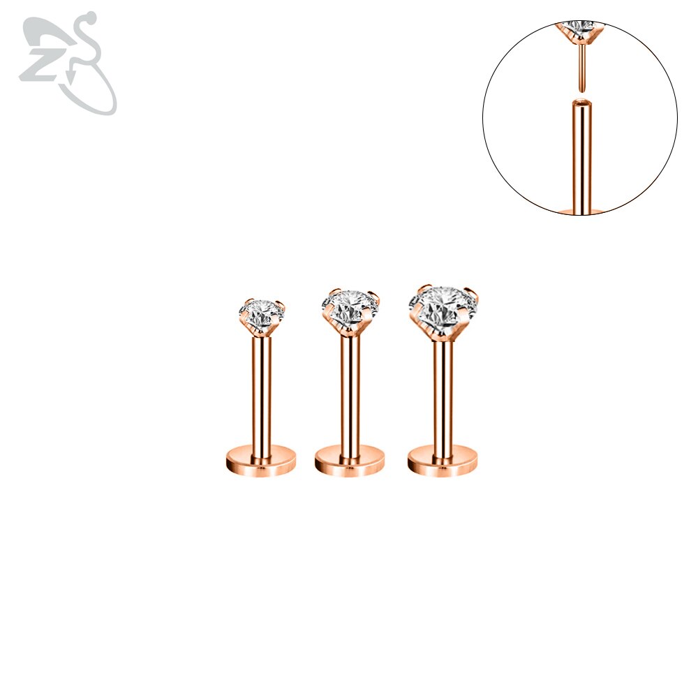 Zs 3 Stks/partij Cz Crystal Lip Piercing Set 6/8/10/12Mm Rvs Monroe Labret ringen Oor Tragus Helix Piercings Sieraden 16G: 7-8mm Rose gold