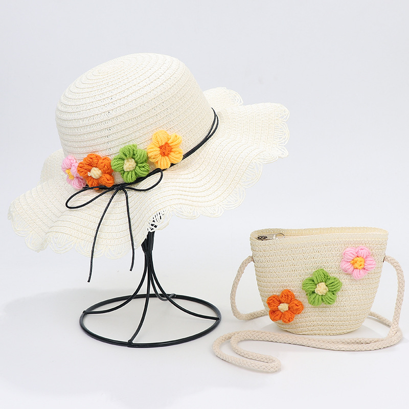 Zomer Reis Stro Hoed Voor Meisjes Prinses Kids Kind Geweven Rand Bloemen Zonnehoed En Tas Sets Voor Outdoor