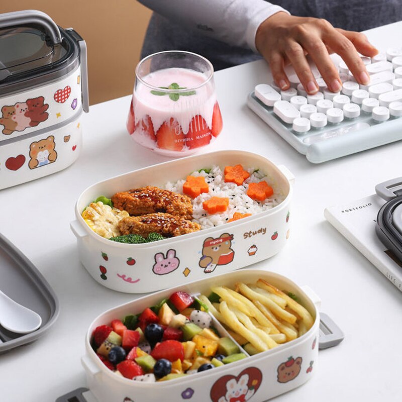 Japanese Kawaii Lunch Box Container Double Layer Lunch Bento Container with Cover Compartments Storage Breakfast Boxe