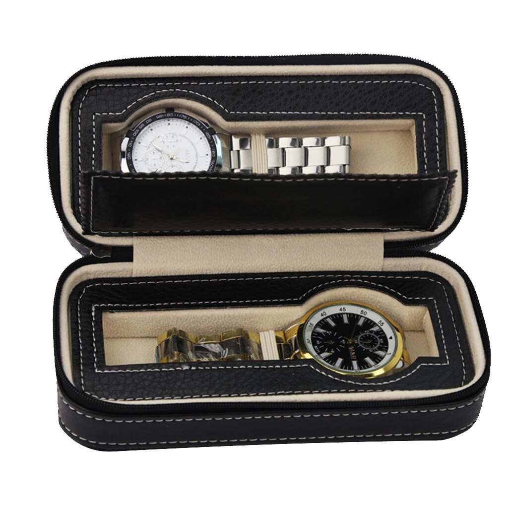 2 Slot Luxury PU Leather Portable Watch Travel Case Collector Storage Zipper Box