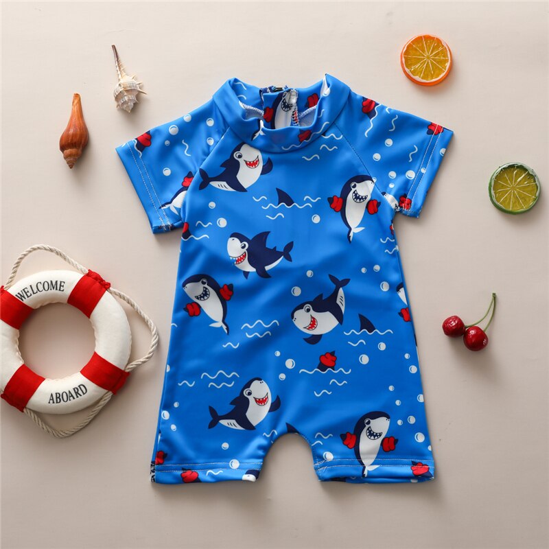 0-3 Years Baby Boy One Piece Swimsuit Swimwear Short Sleeve Zipper Bathing Beachwear