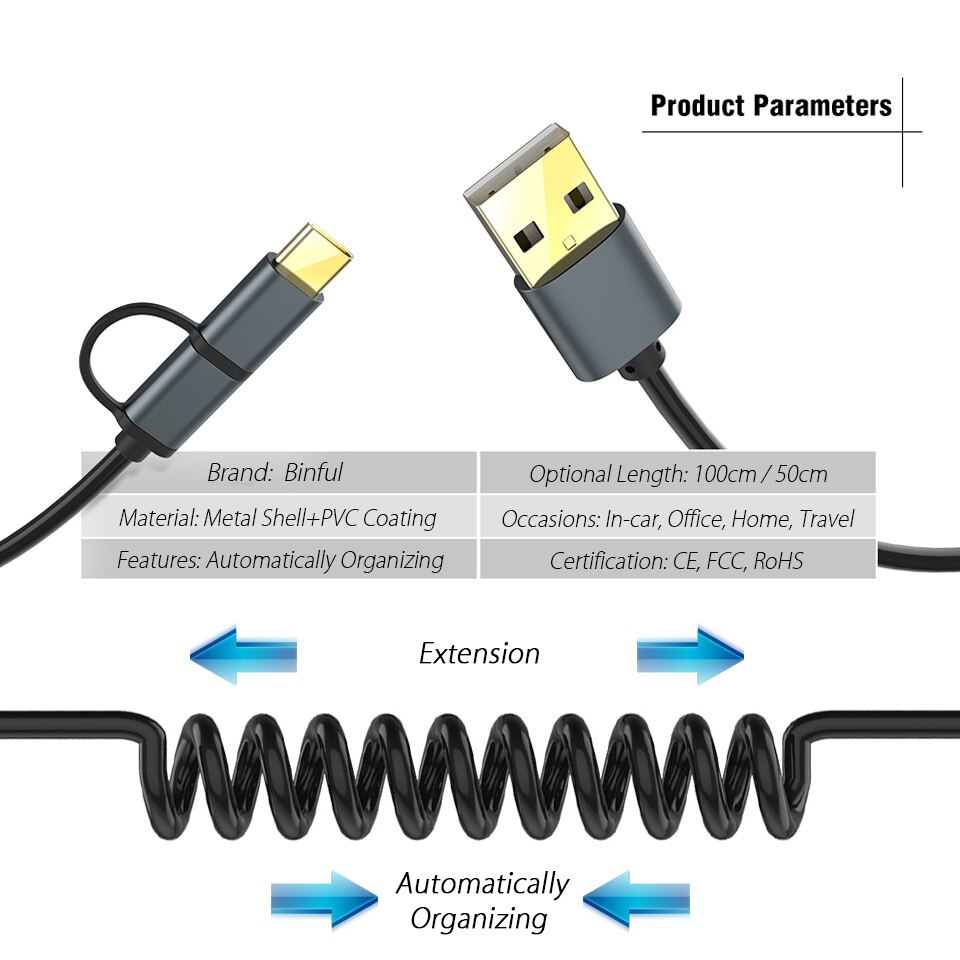 2 In 1 Usb Datakabel Draagbare Lente Micro Usb Type C Mobiele Telefoon Snel Opladen Oplaadkabel Voor Samsung galaxy Xiaomi Huawei