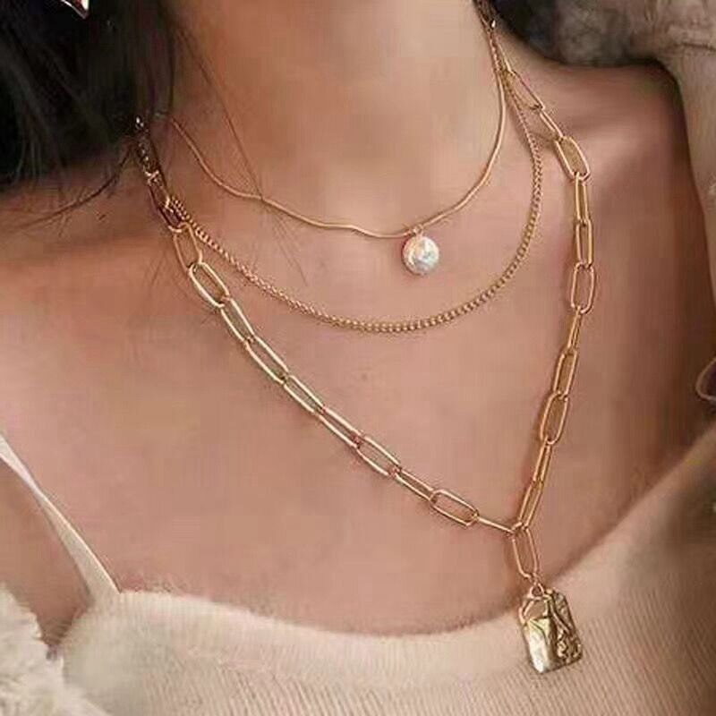 VKME modisch Perle Gold Multi Schicht Kette Halskette Für Frauen Jahrgang Böhmischen Ketten Geometrie Anhänger Halsband Halsketten Schmuck