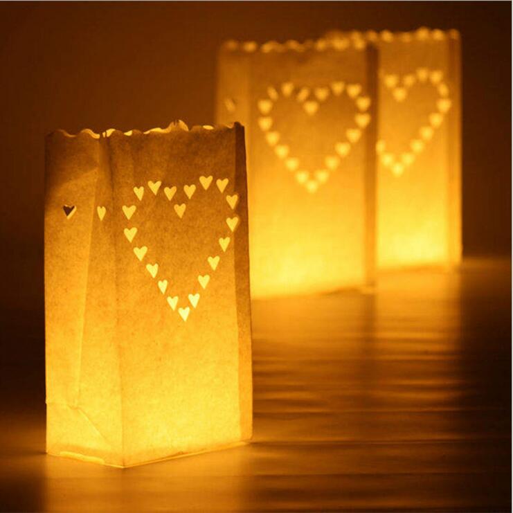 Lote de 20 unidades de portalámparas de té de doble Corazón, faroles de papel, bolsa de velas para decoración de fiestas navideñas o bodas