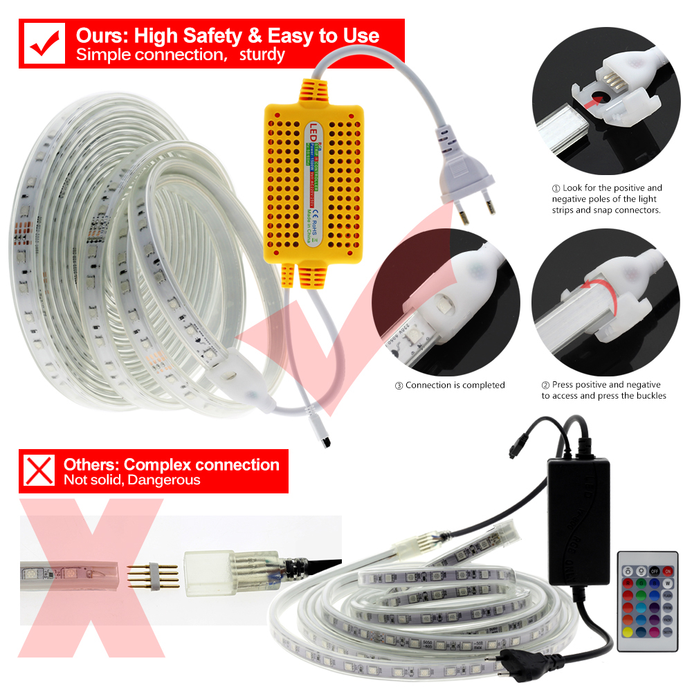 220V RGB LED Strip SMD5050 with IR Remote Controller IP67 Waterproof Outdoor Use Flexible LED Light Strip RGB 1m - 15m Set
