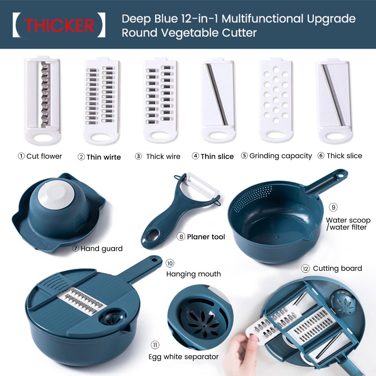 12 In 1 Multifunctional Round Vegetable Cutter Slicer Chopper Dicer Shredder Veggie Spiralizer Kitchen Manual Food Processor: Blue