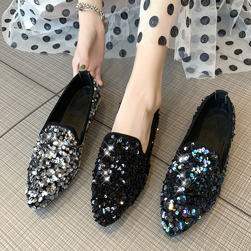 Pointed Toe Glitter Moccasins Women Shoes 35-40 Bling Loafers Espadrilles All-match Ballerina Woman Fairy Paillette Flats