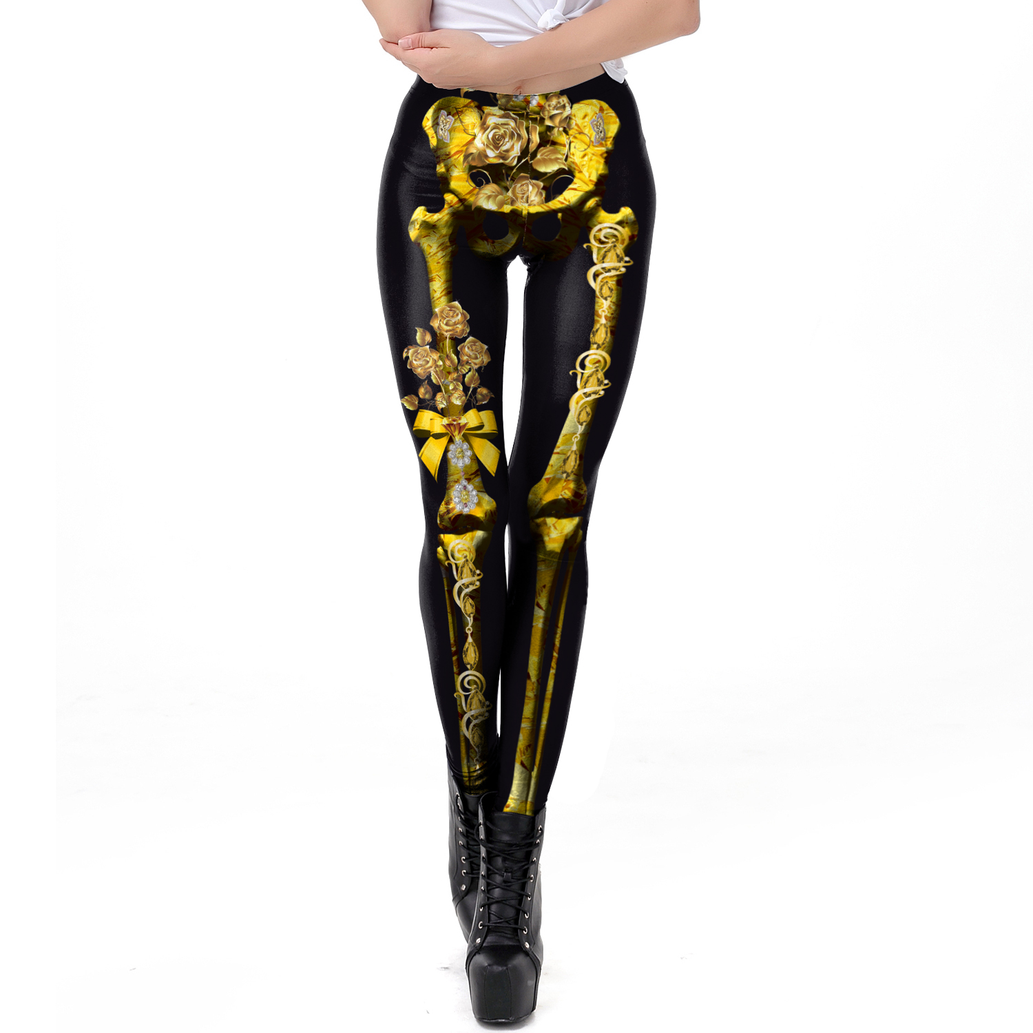 Nadanbao-mallas con estampado de calavera rosa para mujer, pantalones para de Halloween, ropa de calle para vacaciones y Festival, pantalones ajustados de cintura media: M / Caqui