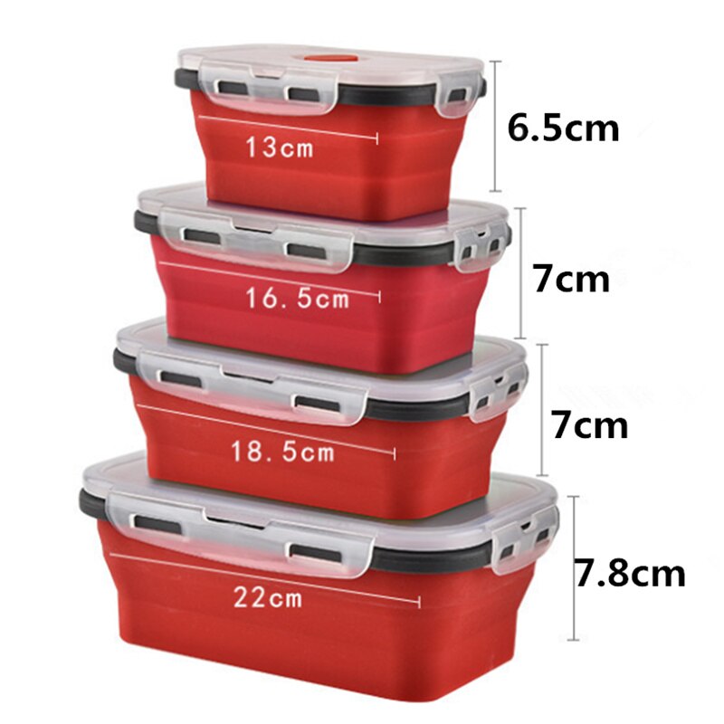 4 Stuks Siliconen Lunchbox Inklapbare Voedsel Container Bpa Gratis Voedsel Inklapbare Opslag Container Magnetron Vriezer Veilig: Red